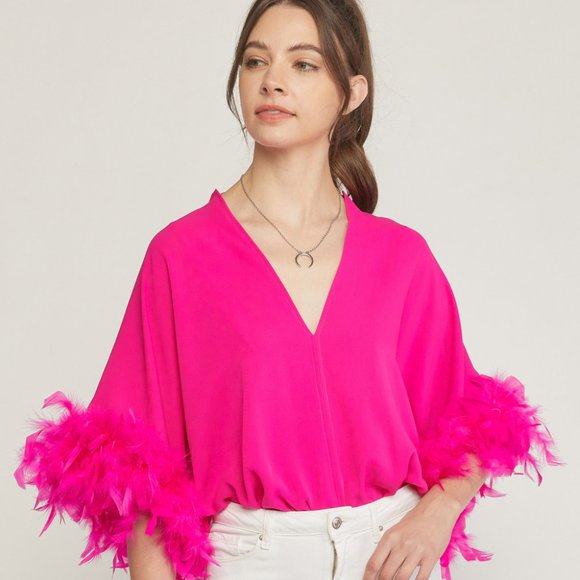 Tops - Hot Pink Feather Sleeve Bodysuit